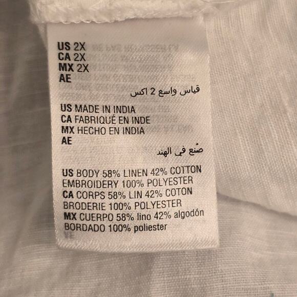 Women Plus Sz 2X Embroidered Peasant Blouse White Pink Floral Boho Linen Resort - Picture 9 of 9